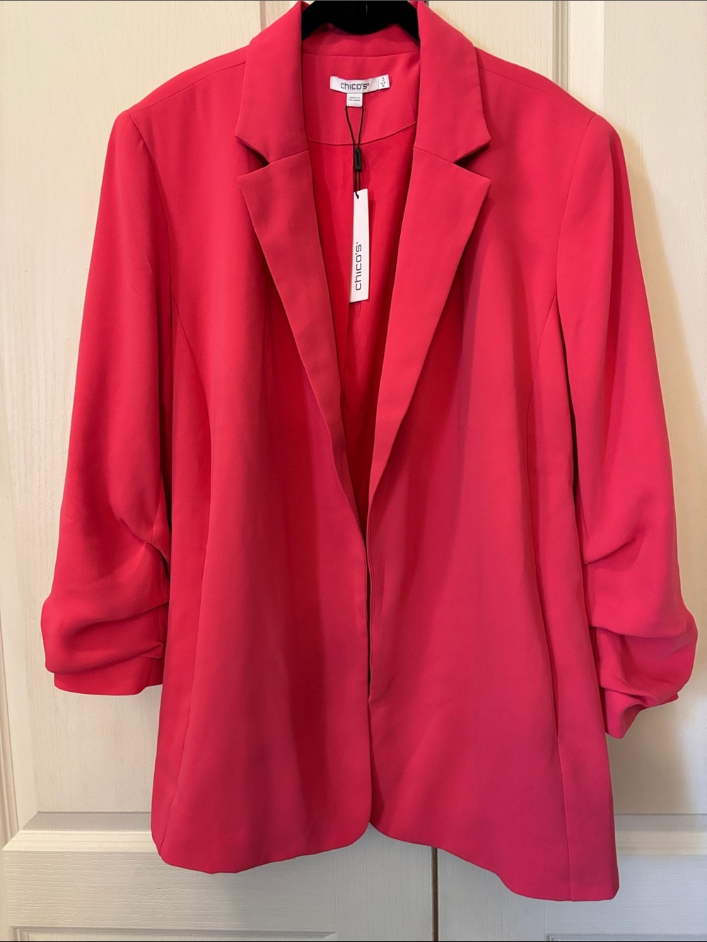 Chico's Rose Pink Open Front Lined Ruched Sleeve Blazer